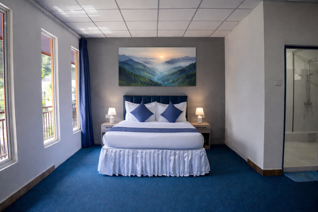 relaxing hotel bedroom with scenic art